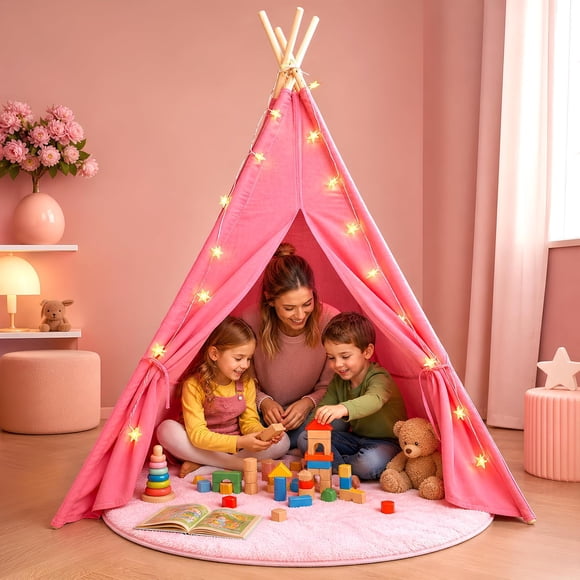 Tente Tipi Rose pour Enfants / Grande Tente Rose pour Enfants avec Couverture Duveteuse / Tipi pour Fille / Tente Enfant / Conforme aux Normes Canadiennes de Sécurité des Jouets / Lumière Étoilée, Poches, Stabilisateur, Sac de Transport