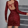 thumbnail image 6 of BangWanChi Red Dresses for Women Women's Sexy Dress Sequined V Short Long Sleeve V-Neck Dress, 6 of 7