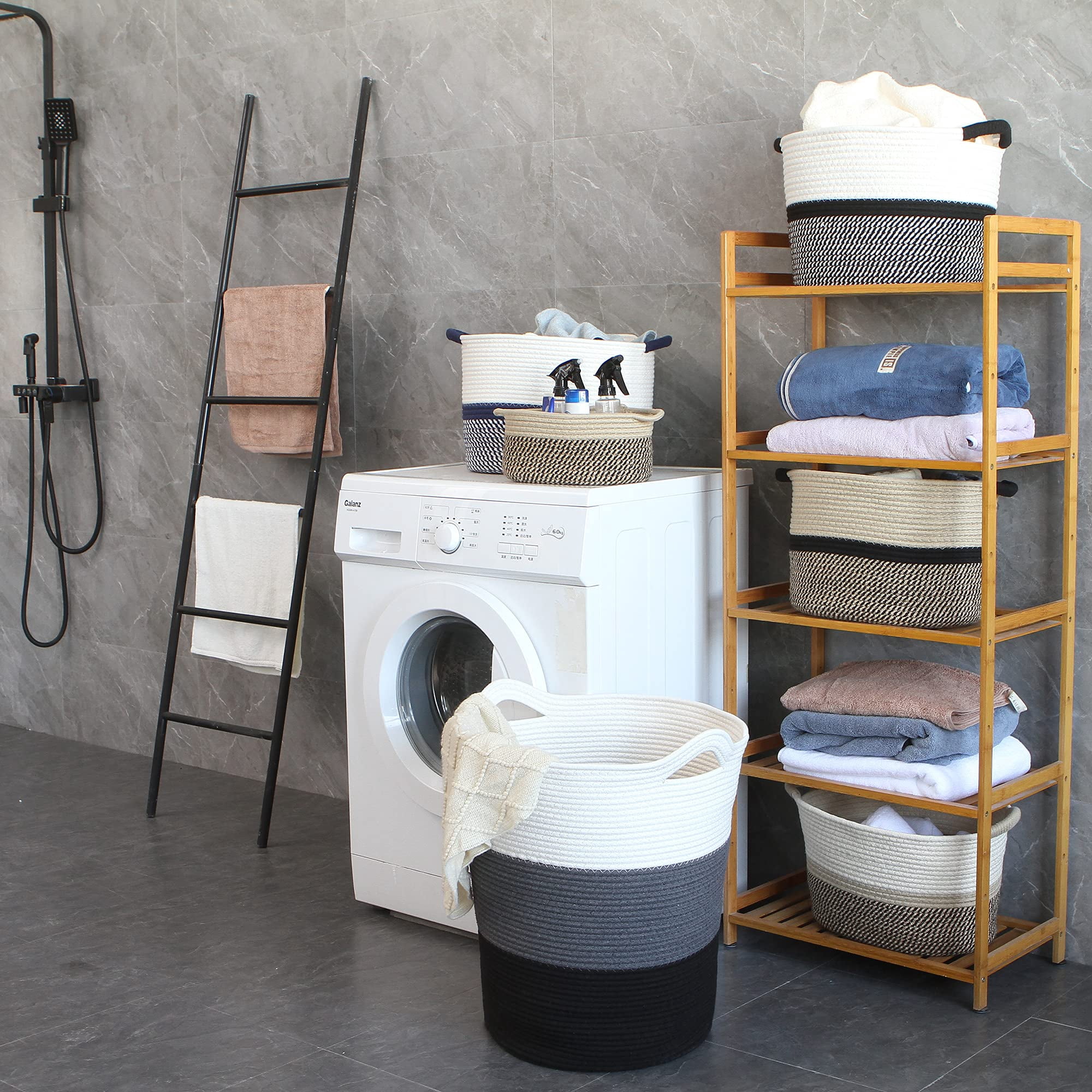Sea Team Large Size Cotton Rope Woven Storage Basket Laundry Hamper with Handles, 14 x 20 inches, White & Black