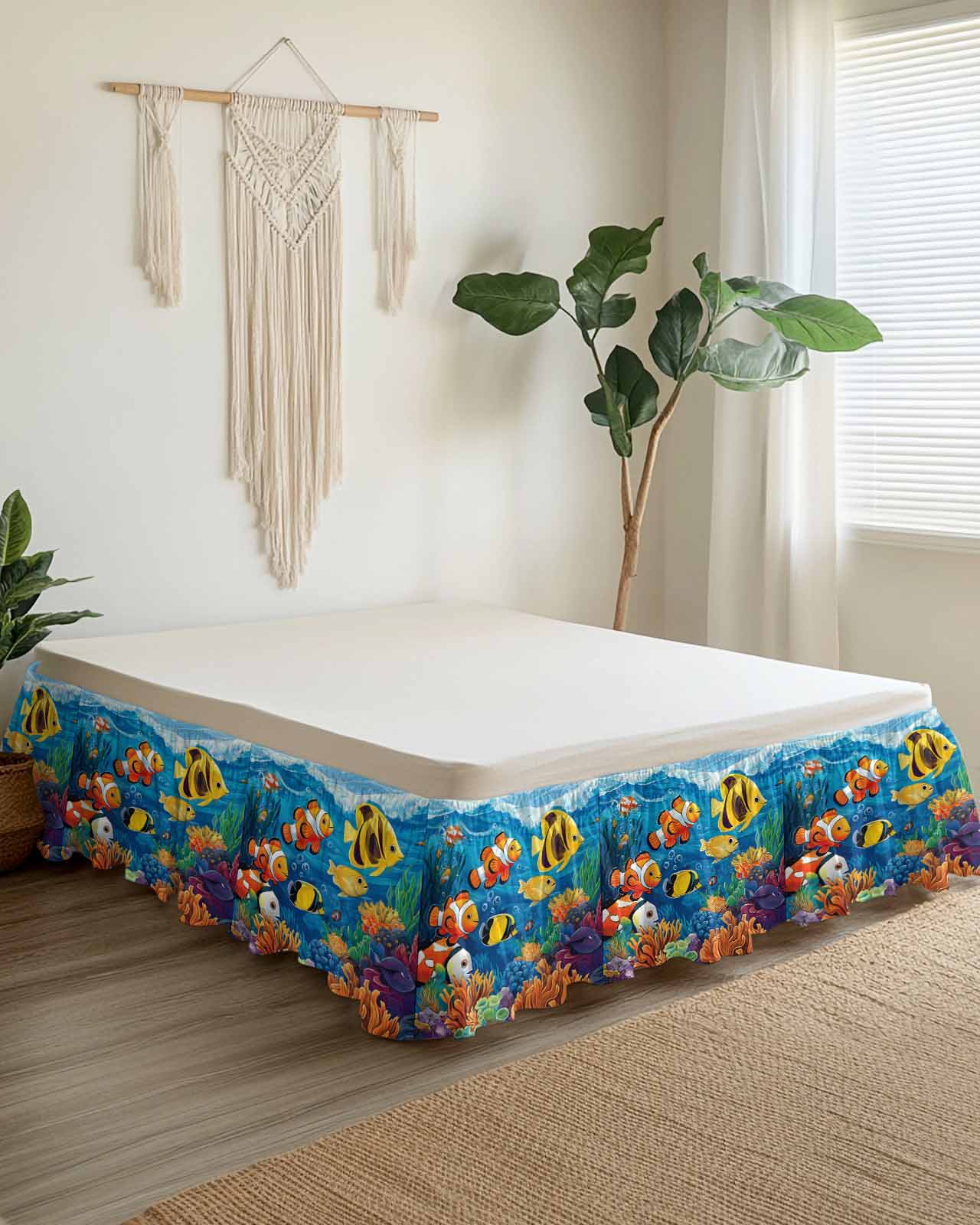 Ocean Tropical Ruffle Bed Skirt King Size Marine Life Colorful Fish Coral Seagrass Adjustable Elastic Dust Bed Skirts Wrap Around Bedskirt Wrinkle Free Easy Fit with 16 Inch Drop
