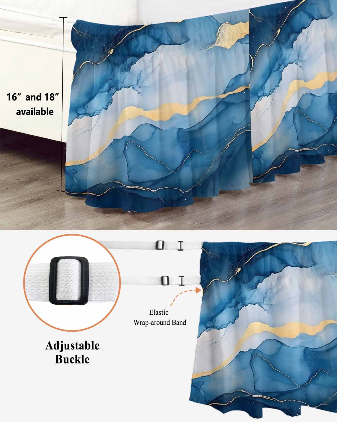 Blue Marble Wrap Around Bed Skirts for Queen Bed 16" Drop, Bed Skirt with Adjustable Elastic Belt Dust Ruffle Bed Valance for Bedroom Hotel Luxury Modern Abstract Ink Painting Bed Frame Cover