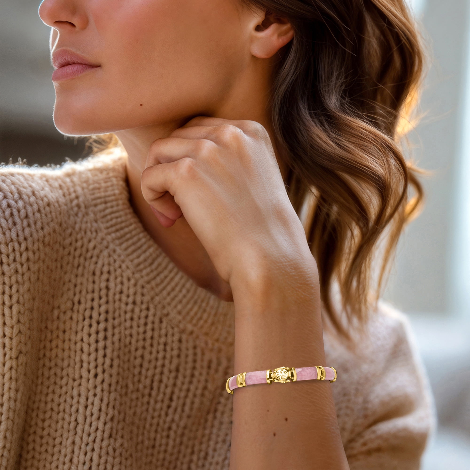 Ross-Simons Pink Jade "Good Fortune" Bracelet in 18kt Gold Over Sterling, Women's, Adult