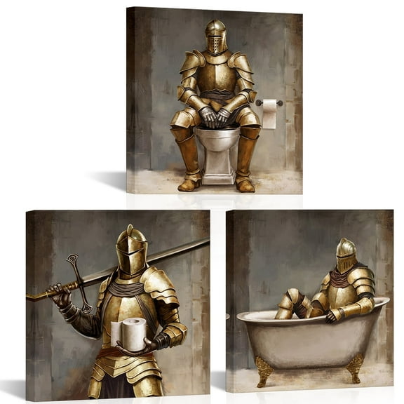 Visual Art Decor Medieval Soldiers Gold Painting Bathroom Pictures Framed Art Prints, 12 inch x 12 inch x 3 Pieces