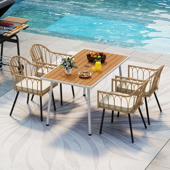 Craftian 5 Pieces Outdoor Patio Dining Set, 4 Rattan Wicker Dining Chair & Table Set with Umbrella Hole