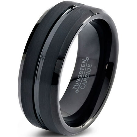 Charming Jewelers Tungsten Wedding Band Ring 8mm for Men Women Comfort Fit Black Beveled Edge Polished Brushed Lifetime