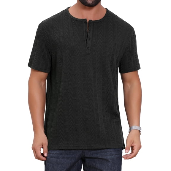 INSPIRE CHIC Men's Henley Short Sleeve Button Down Jacquard Texture Knitted T-Shirts M Black