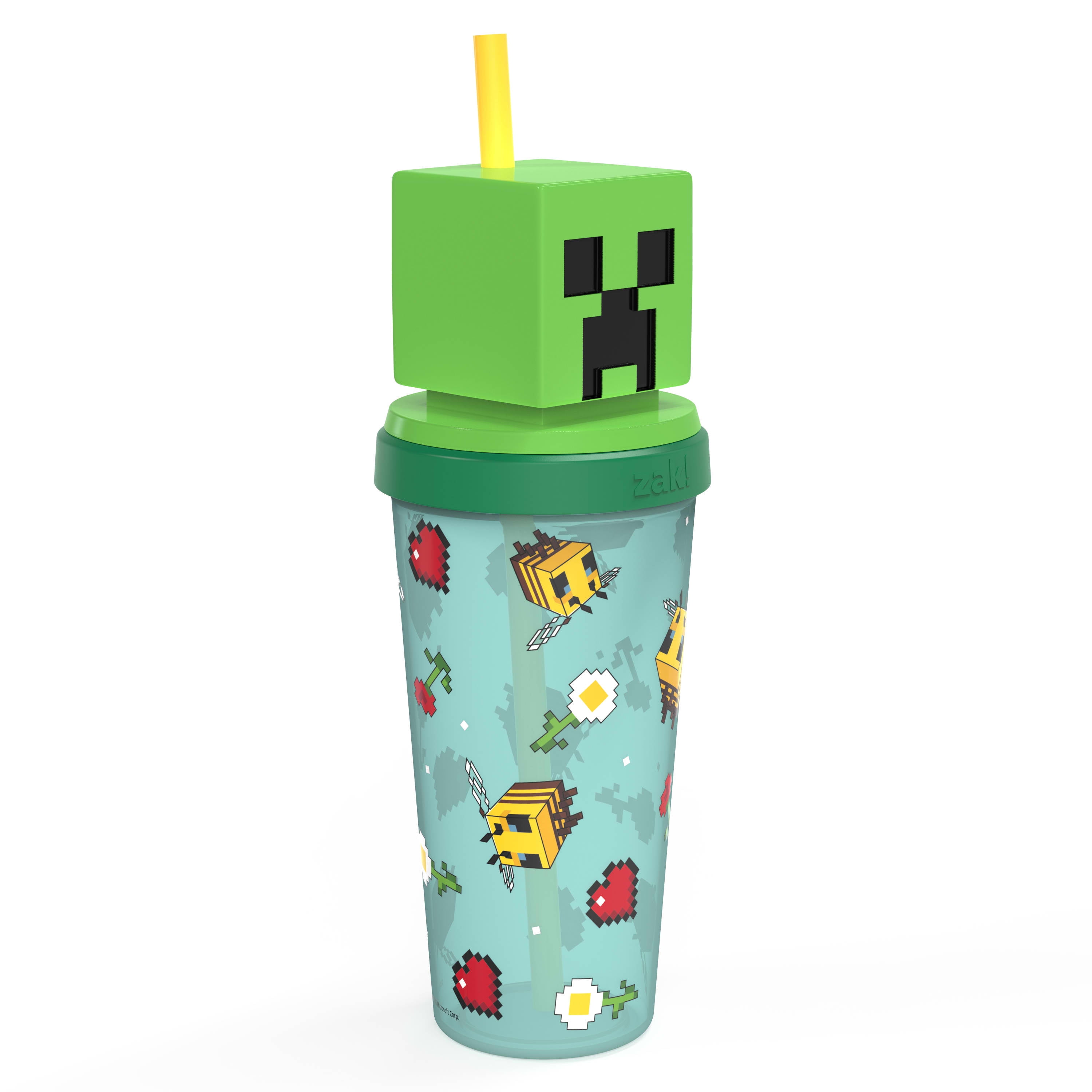 Zak Designs Minecraft Tumbler Kids Drinking Cup with Straw 15 Oz Green Blue