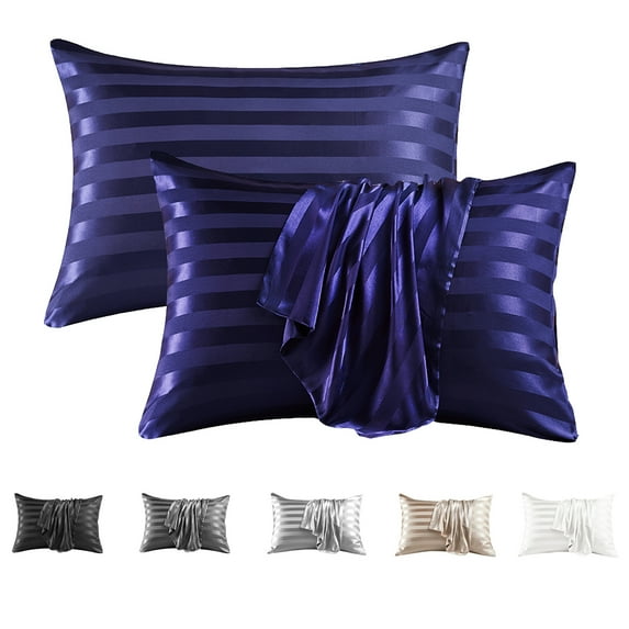 MR&HM Satin Pillow Case, 2 Pack Satin Standard Silk Pillowcase for Hair and Skin, 20x26, Navy Blue Striped