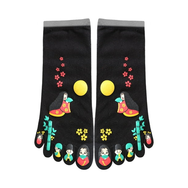 2 Calcetines Con Cinco Dedos Del Dedo Del Pie Con Estampado De Dibujos Animados Japoneses Para Mujer Negro One Size: Regular