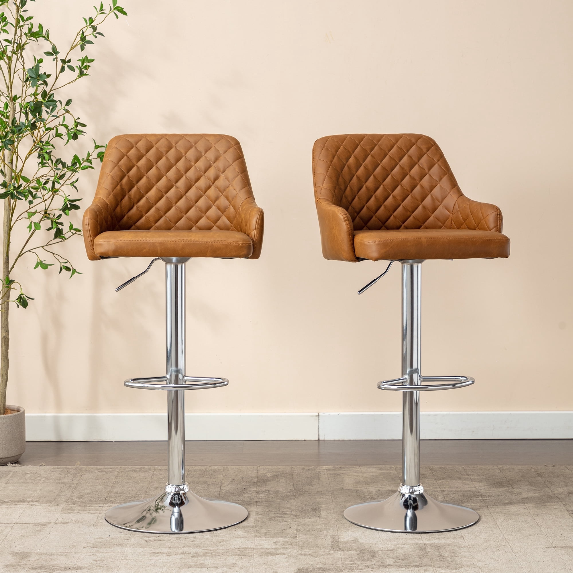 VECELO Bar Stools Set of 4 Modern PU Leather Height Adjustable Swivel Barstool with Back and Footrest, Brown