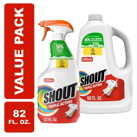Shout Active Enzyme Laundry Stain Remover, Triple-Acting Formula Clings, Penetrates, and Lifts 100+ Types of Everyday Stains – 22 fl oz Trigger Spray with 60 fl oz Refill