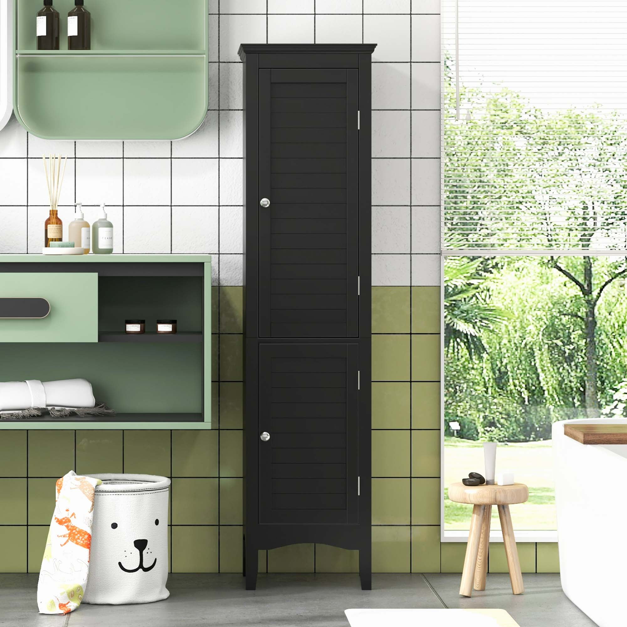 Costway Tall Bathroom Floor Cabinet Narrow Linen Tower with 2 Doors & Adjustable Shelf Black