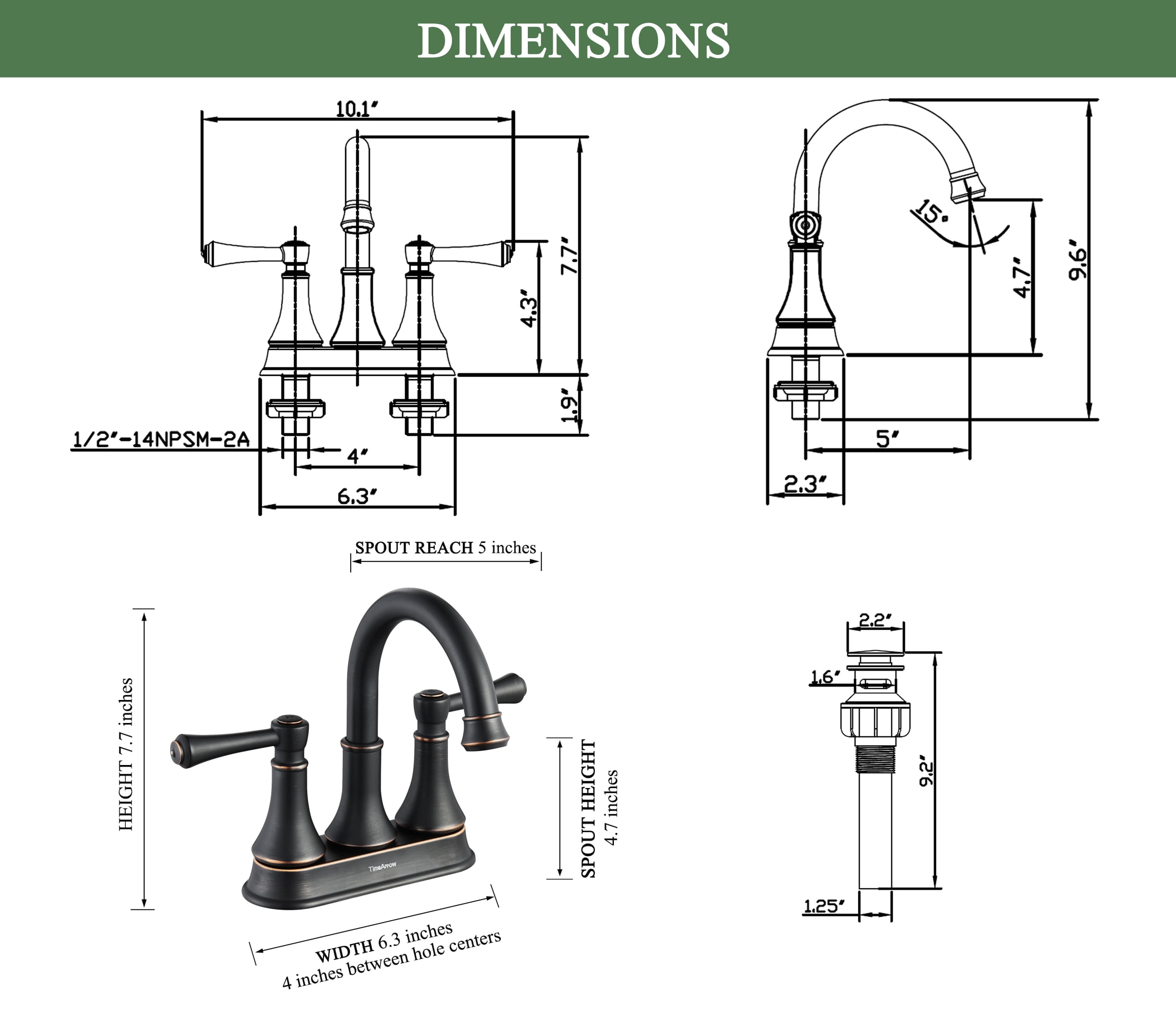 TimeArrow Oil Rubbed Bronze 2 Handle Centerset Bathroom Sink Faucet with Pop up Drain, High Arc Modern 4 Inch Bathroom Vanity Lavatory Faucet for 3 Holes with Brass 360° Swivel Spout, TAF067Y-ORB