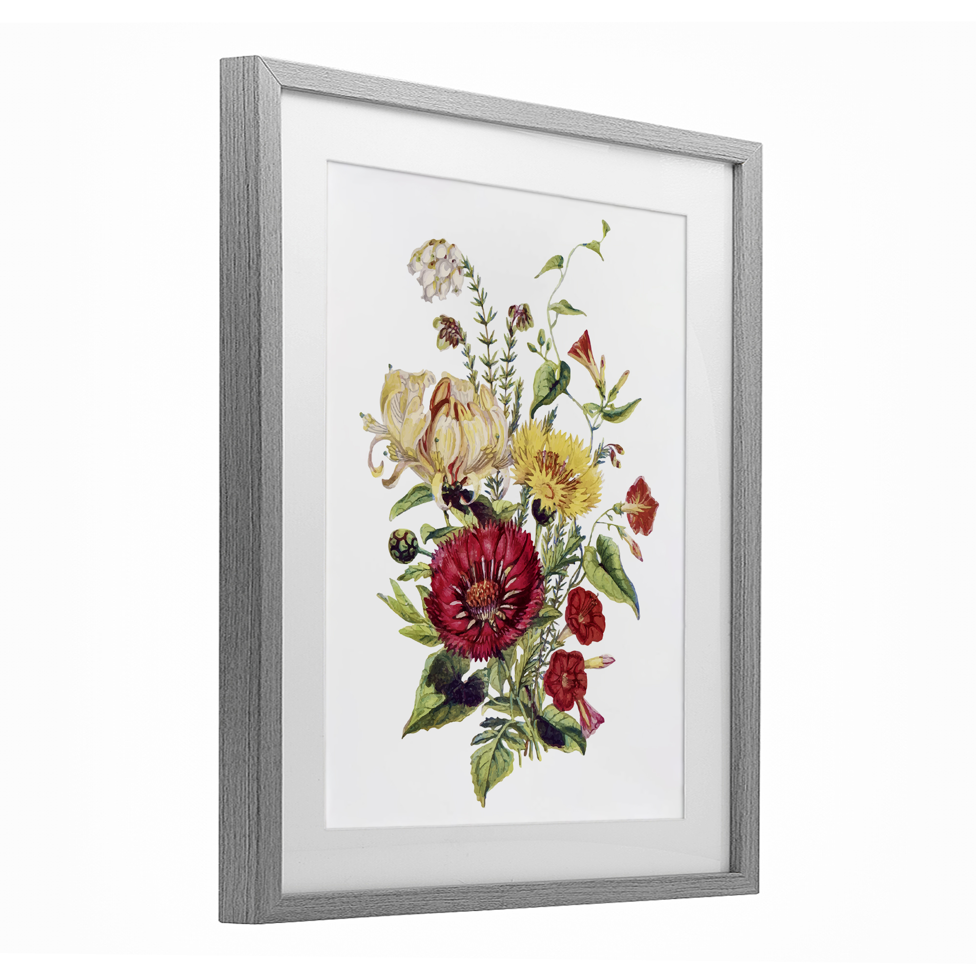 Bundle Of Wild Florals Gray Framed Print Under Glass, design by Lettered and Lined