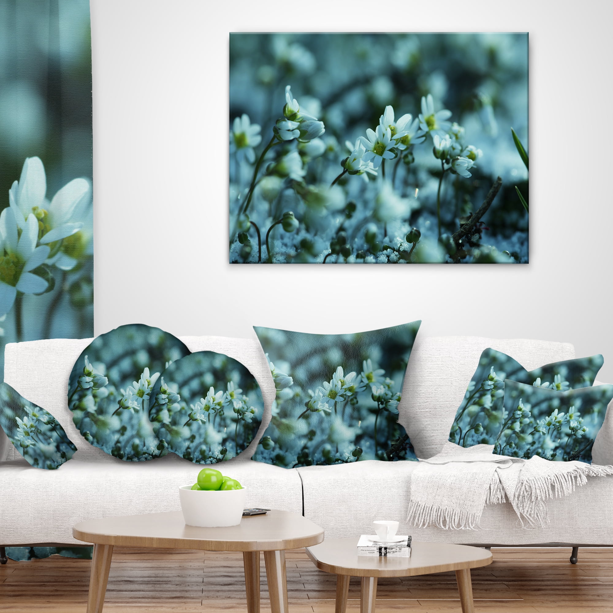 Designart Small White Flowers on Blue Background - Floral Throw Pillow - 16x16