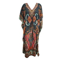 Mogul Women Black Long Kaftan Dress Floral Print Tunic Long Maxi Kimono Caftan Gown Nightdress, Boho Beach Bikini Cover Up Maternity Plus Size