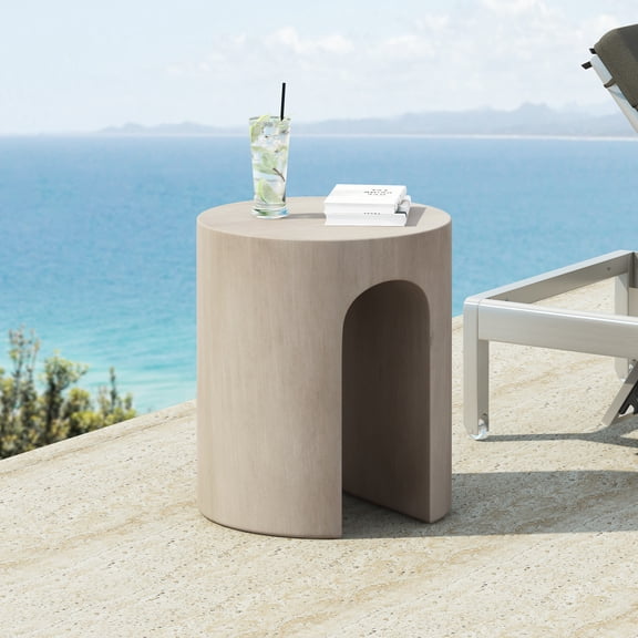LiviNest Outdoor MGO Side Table for Patio: 365-Day Weatherproof U-Shape Design - Compact 16" Round Table for Small Balcony & Poolside - Light Grey Concrete Accent Table