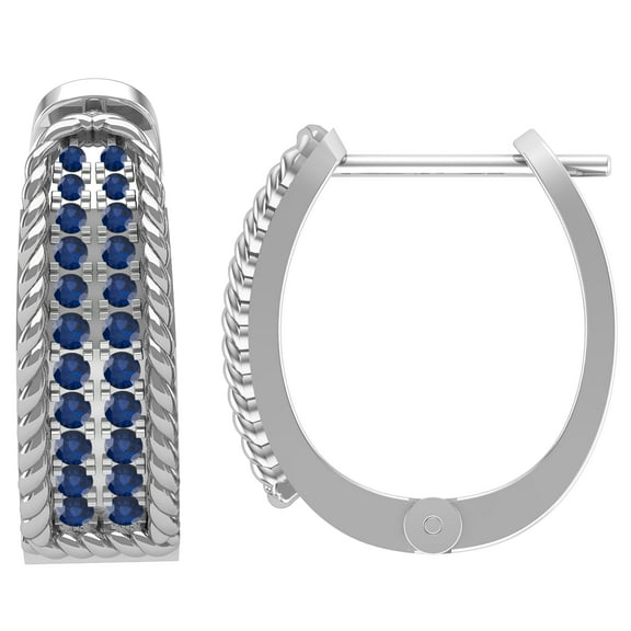Dazzlingrock Collection Round Blue Sapphire in Two Rows Fashion with Around Metal Rope Hinged Huggie Hoop Earrings for Her (Color Blue, Clarity Highly Included) in 10K White Gold