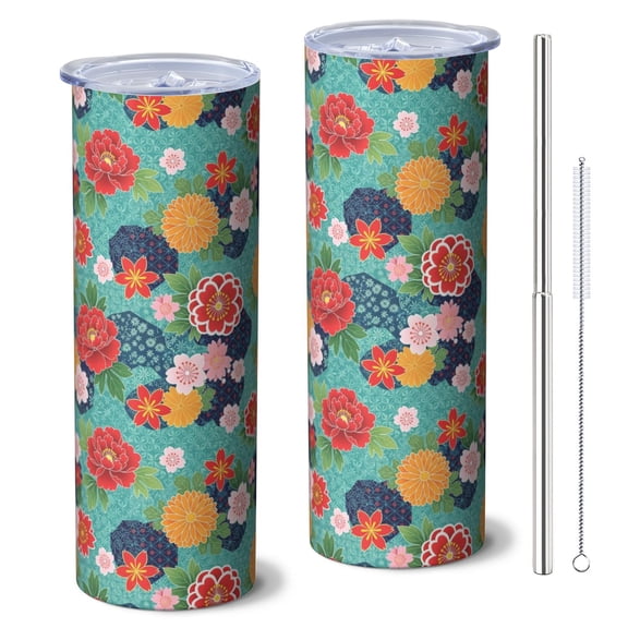 Pioneer Flower Floral Print Pattern 20oz Skinny Tumbler with Straw & Lid, Double Wall Vacuum Insulated Cup, Leak-Proof, Cup Holder Friendly, Hot 6H Cold 12H