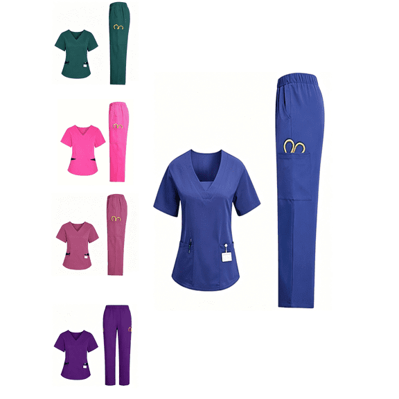 Busydd 2 Piece Scrubs for Women Set V Neck Short Sleeve Scrub Top and Straight Leg Pants Casual Comfortable Solid Color Workwear S