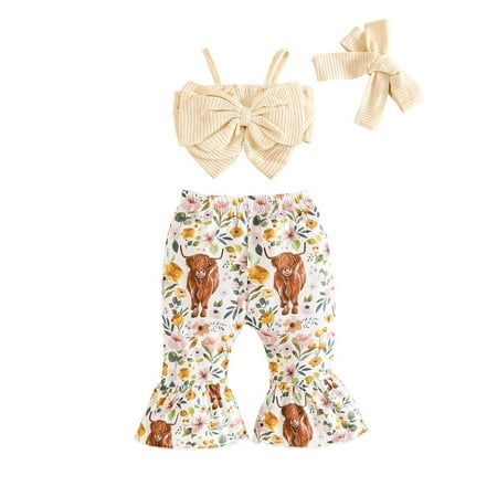 

JURANMO Toddler Girls Ribbed 2 Pieces Outfits Solid Color Bowknot Cami Tops and Graphic Wide-Leg Pants Summer Tank Top Sets