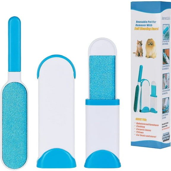 Pet Hair Remover for Couch Furniture Clothing Car Seat Lint Brush - Fur Remover - Fur & Lint Removal - Dog & Cat Hair Remover - Double-Sided Brush with Self-Cleaning Base (Blue)