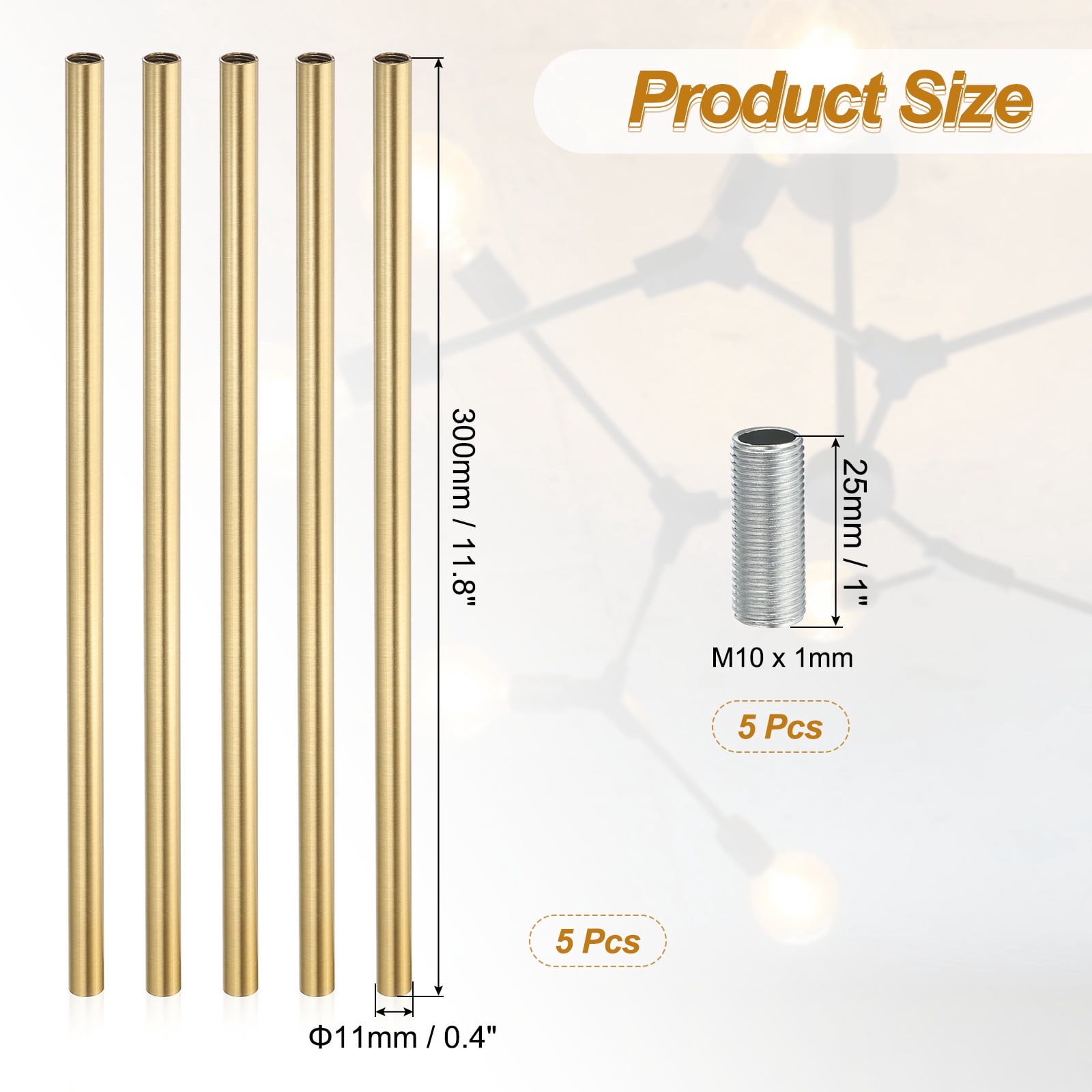 Uxcell Threaded Extension Rod, 5 Sets 11.8" M10 x 1mm Fine Thread Lamp Pipe with Nipples, Brass Tone