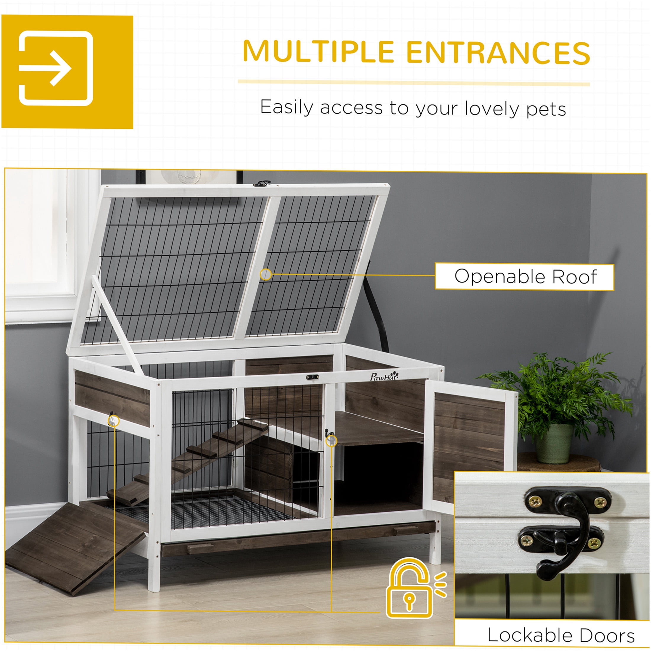 JERFIT Elevated Rabbit Hutch Indoor, 35.5" Wooden Bunny Cage with Removable Tray, Lockable Doors, Ladder & Run for Guinea Pigs, Rabbits, Small Pets, Brown