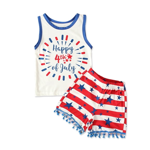 Oiyii Infant Girls 4Th Of July Outfits Summer Tank Top Tassels Shorts Set, Sizes 18-24 Months