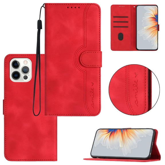 Wallet Case for iPhone 13 Pro, with Card Slots [RFID Blocking],Durable Flip Folio Kickstand Magnetic Closure Leather Wallet Wrist Strap Women Men Case For iPhone 13 Pro, Red
