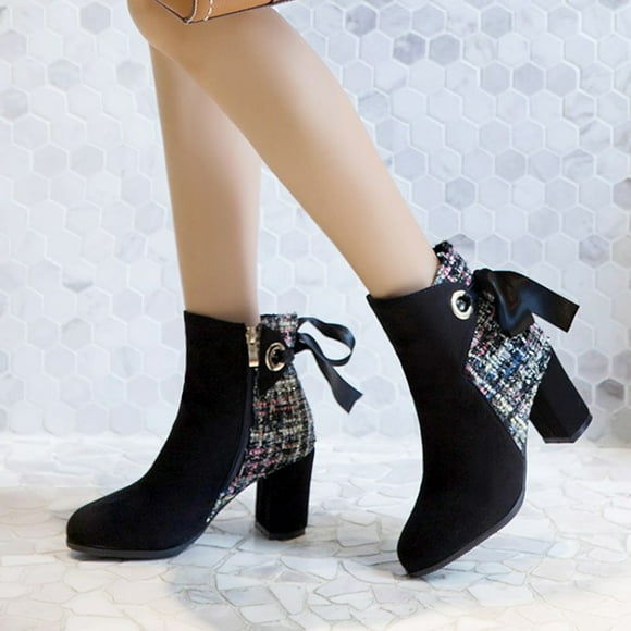 LSLJS Women's High-Heels Knee High Boots, Women's Solid Splicing Bandage Retro High Heel Round Boots Shoes, Women's Knee-High Boots