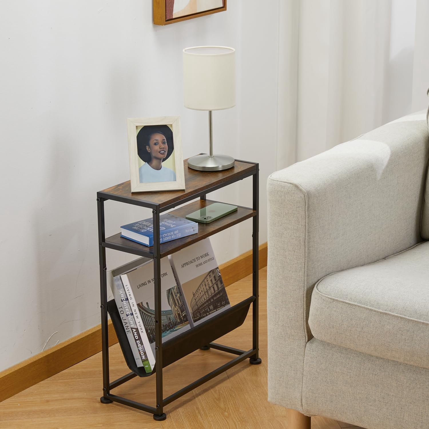 ZEXVIDA Narrow End Table for Small Spaces - Slim Side Table with Magazine Holder,2 in 1 Design Narrow End Table Living Room,Skinny Bedroom Nightstand Thin Side Magazine Table,Rustic Brown