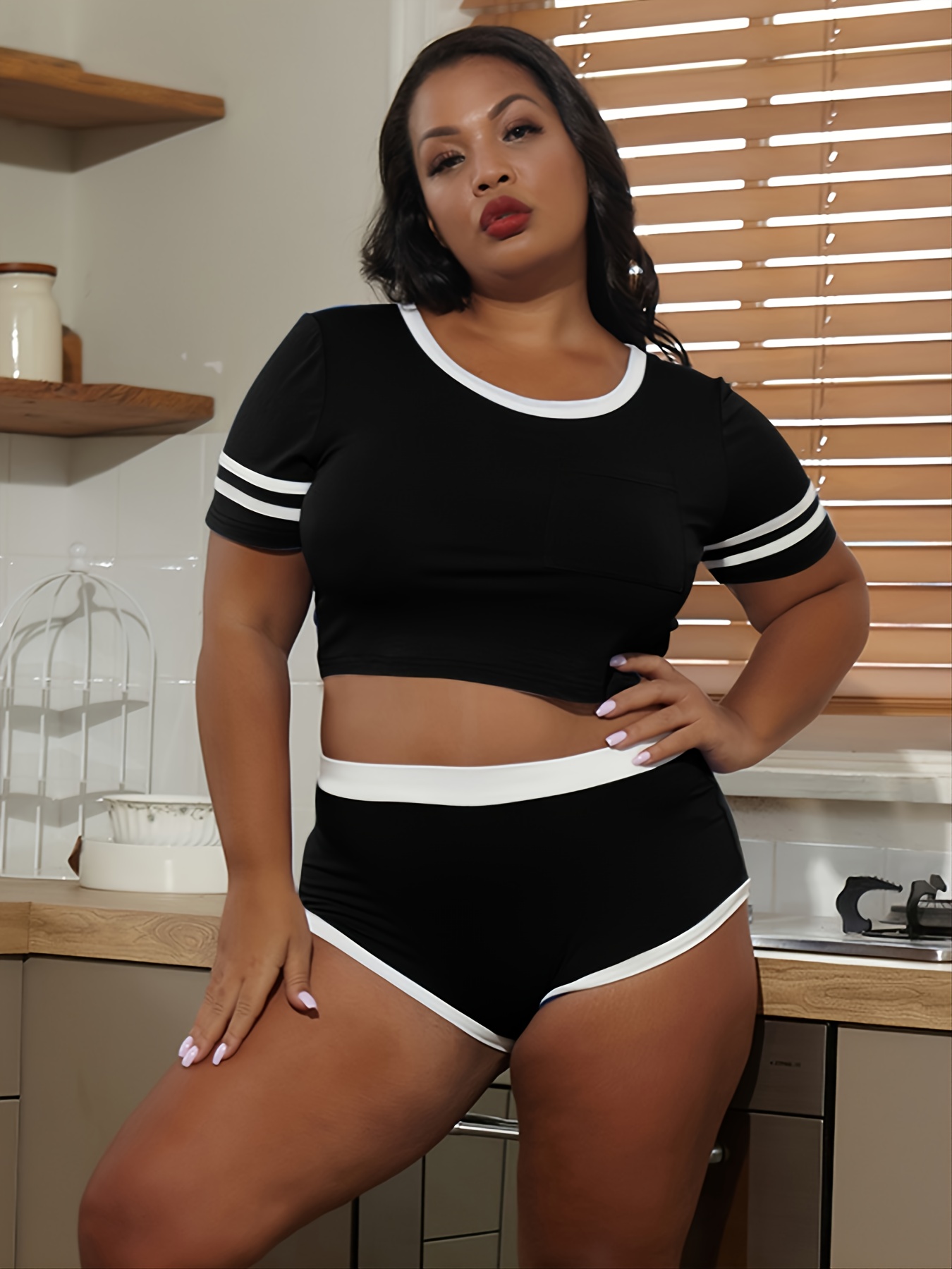 Plus Size Colorblock Crop Top u0026 High Waist Biker Shorts Set Women's Plus  Casual Medium Stretch Co-ords Two Pieces - Walmart.com