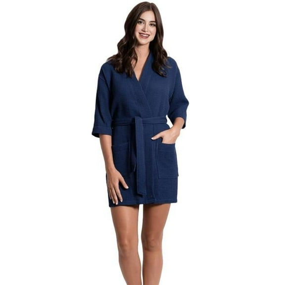 Womens Short Cotton Blend Waffle Kimono Indigo Blue Bathrobe - One Size