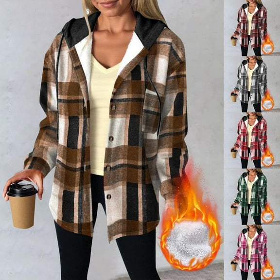 purcolt Womens Drawstring Fleece Sherpa Lined Flannel Hoodies Button Down Plaid Jackets Casual Long Sleeve Coats with Pockets