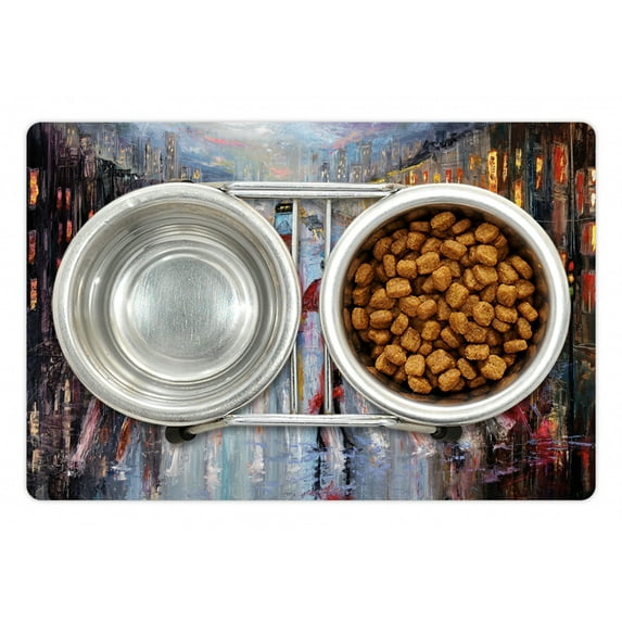 Oil Painting Pet Mat for Food and Water, Young Woman with Umbrella Crossing City Street in Rain Modern Impressionism, Non-Slip Rubber Mat for Dogs and Cats, 18" X 12", by Ambesonne