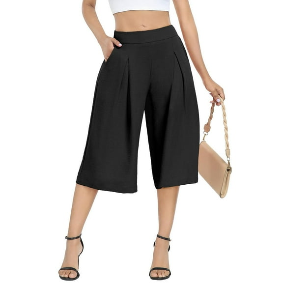 IDALL Wide Leg Pants Woman Capri Pants Wide Leg Capri Pants With Pockets Lightweight High Waisted Loose Trouser Baggy Pants High Waisted Pants Black L