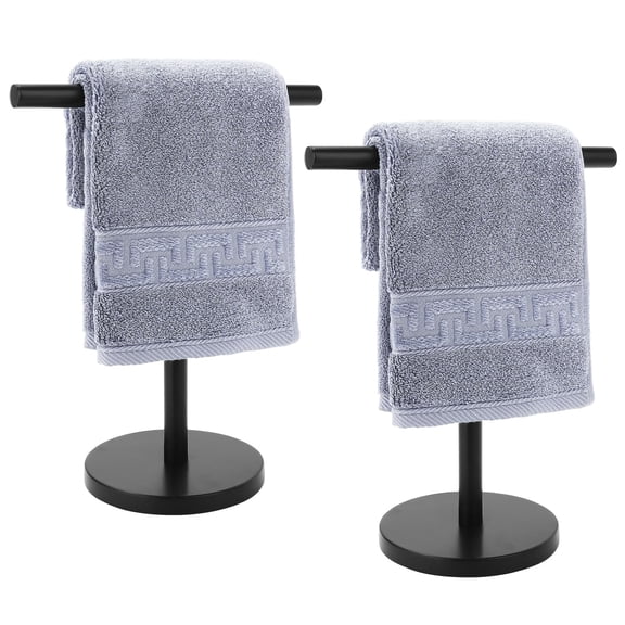 Freestanding T-Shape Towel Holder, Heavy Base Stainless Steel Hand Towel Rack for Bathroom Vanity Kitchen Countertop, 2 Pack, Black