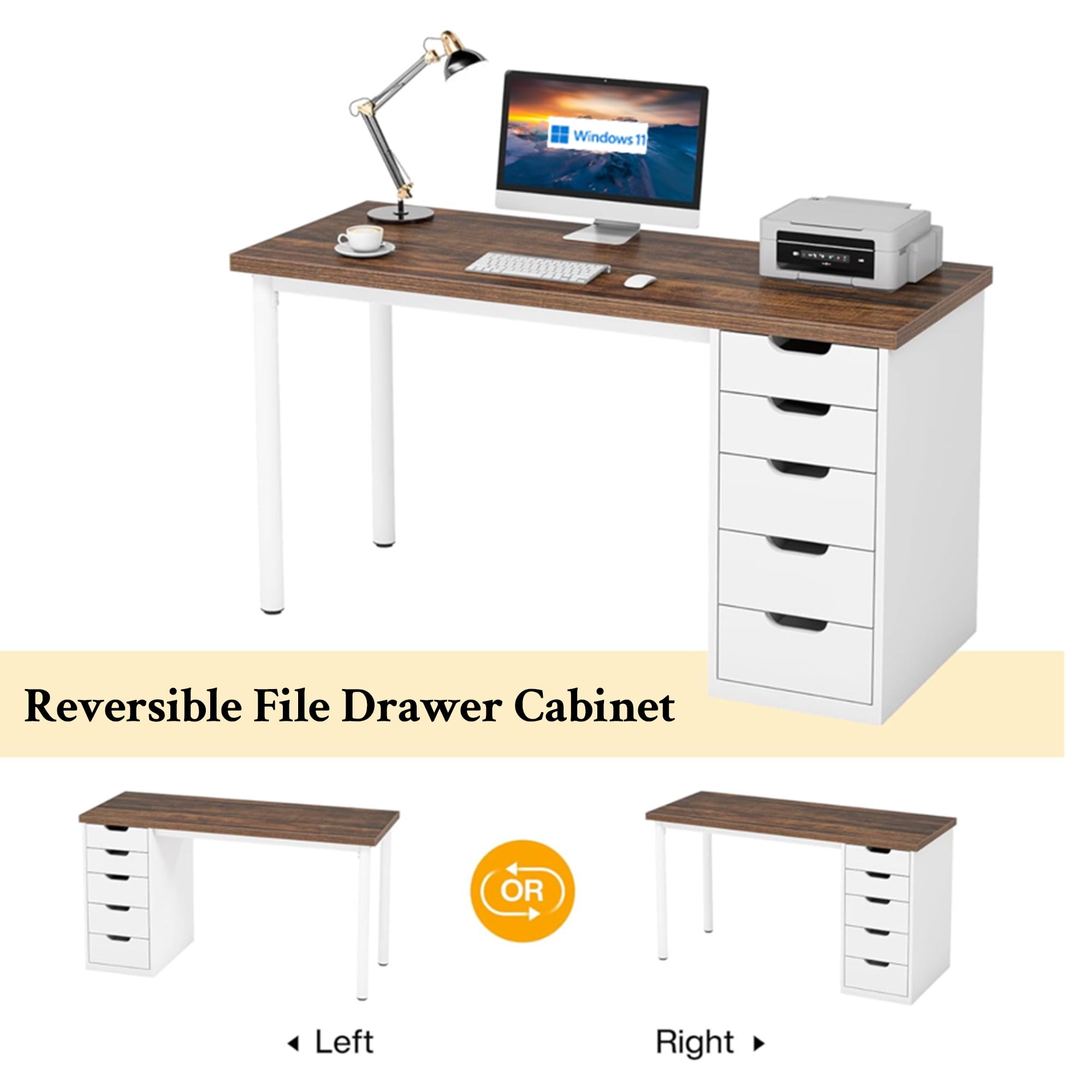 KIOOTTO 47" Computer Desk with 5 Drawers, Reversible Storage Cabinet and Compact Workstation, Nordic Oak