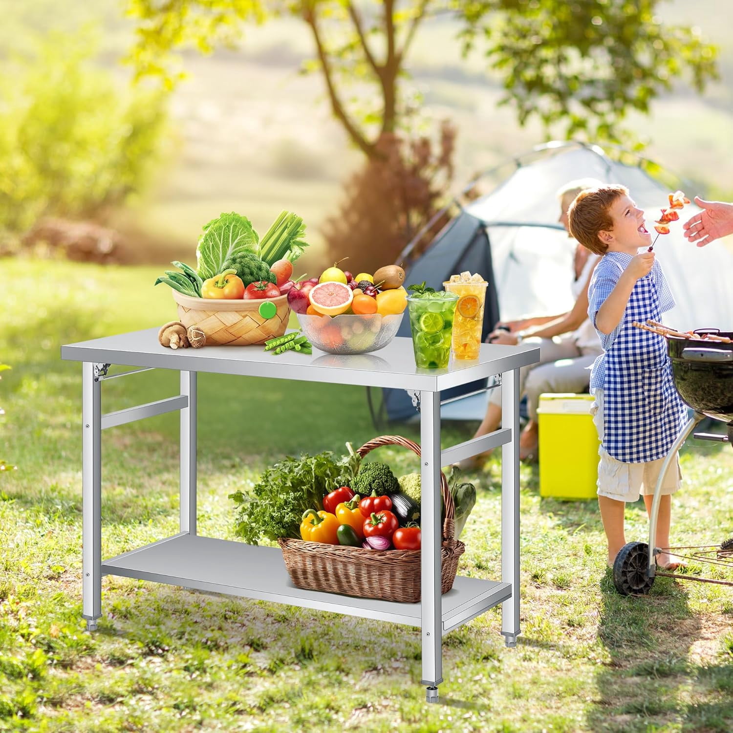 Stainless Steel Folding Table (48x24 in) - Commercial Work Table with Undershelf for Home, Kitchen, Restaurant, Garage, Camping, Outdoor, 920 LBS Load, Foldable Double-Tier Stainless Steel