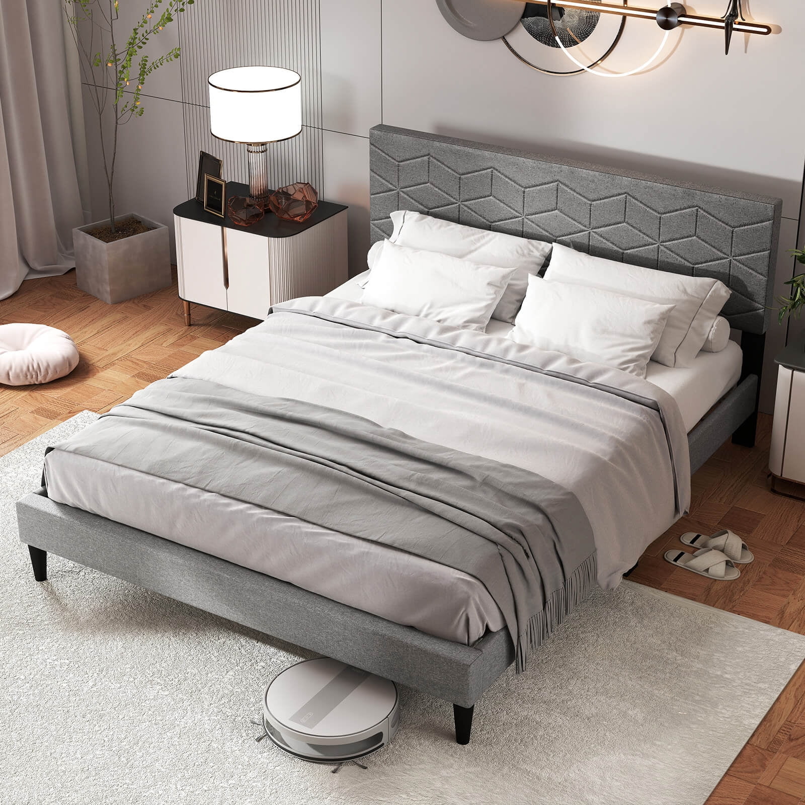 Infans Queen Size Bed Frame w/Linen Fabric Upholstered Headboard & Wooden Slat Support