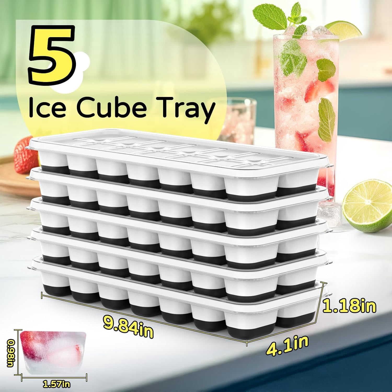 5-Pack Silicone Ice Cube Trays with Lids – 70 Cubes (14 per Tray), Easy-Release, Stackable, BPA-Free – For Cocktails/Coffee/Whiskey – Black