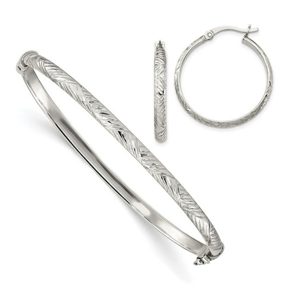Auriga Fine Jewelry 925 Sterling Silver Diamond-cut 4mm Bangle and 3mm Hoop Earrings for Women Set