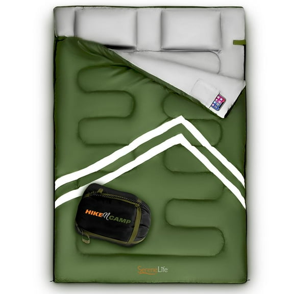 SereneLife 85 x 57.1 Inch Waterproof Double Sleeping Bag with 2 Pillows, Green