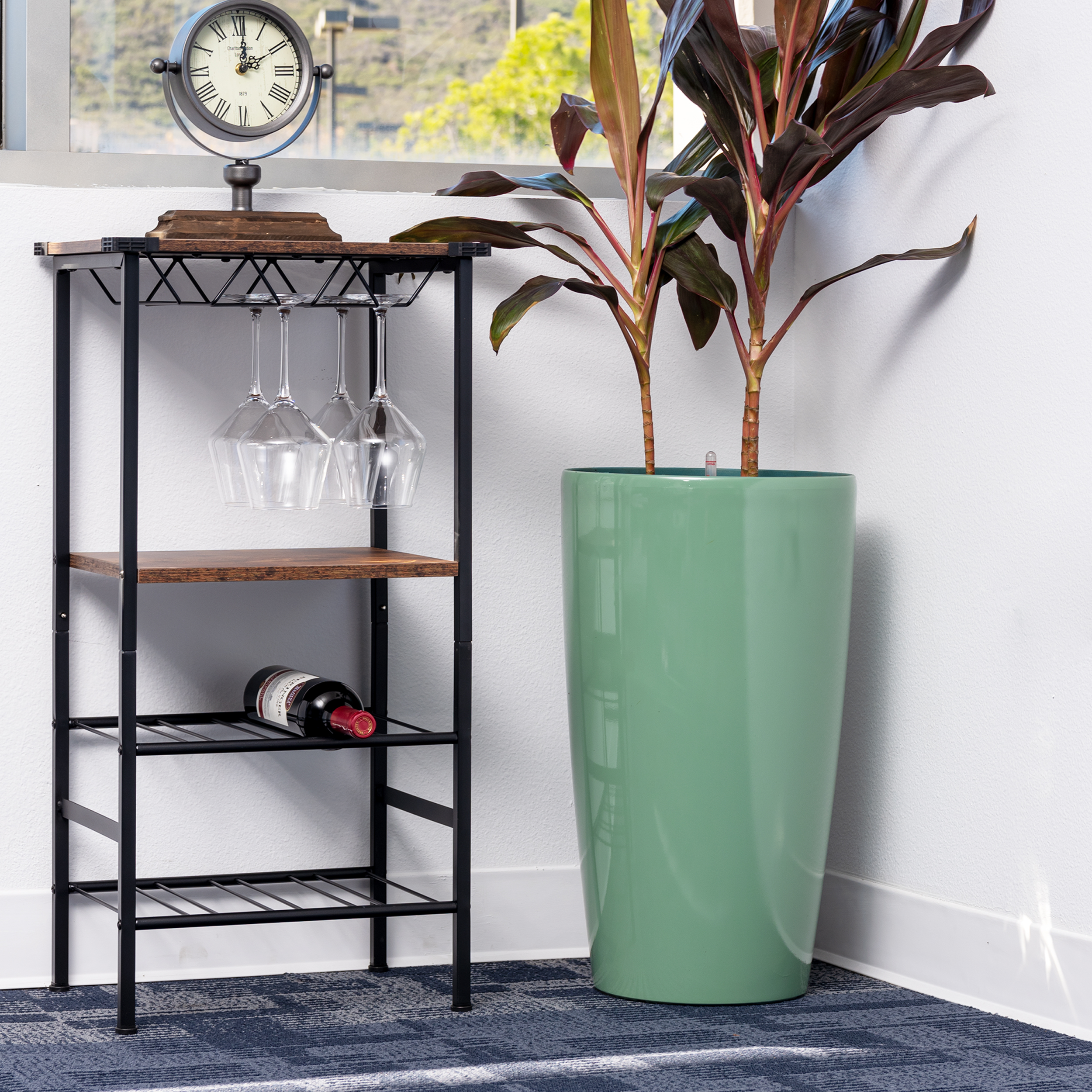 XBrand 21" H Turquoise Plastic Self Watering Indoor Outdoor Tall Round Planter Pot w/Glossy Finish, Decorative Gardening Pot, Home Décor Accent