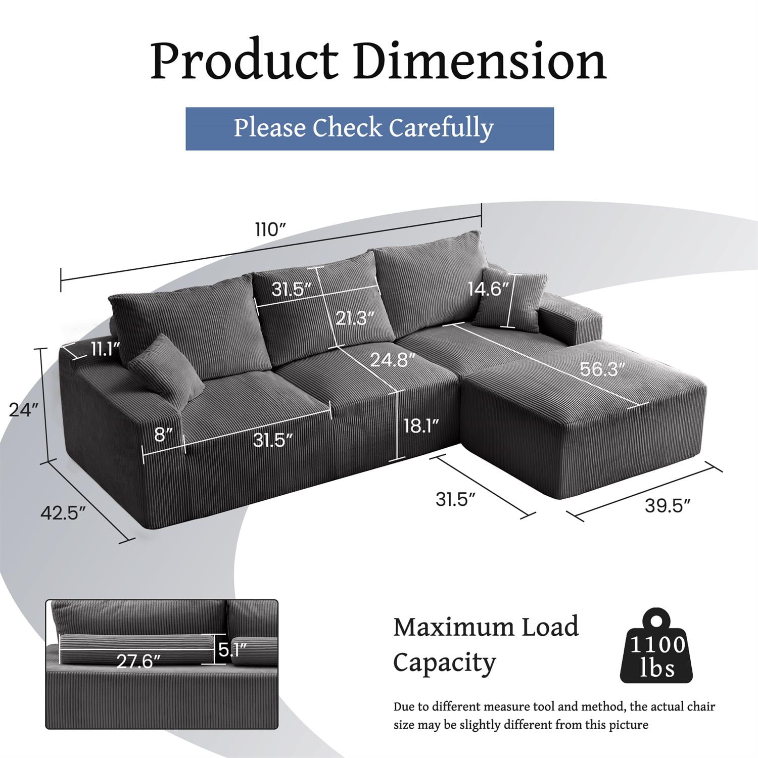 Demi Bonn 110" Ultra-Soft L-Shaped Sectional Sofa, Full-Compression 3-Seater Cloud Couch with 2 Chaise, Modular Deep Seat, No Assembly Required, Gray