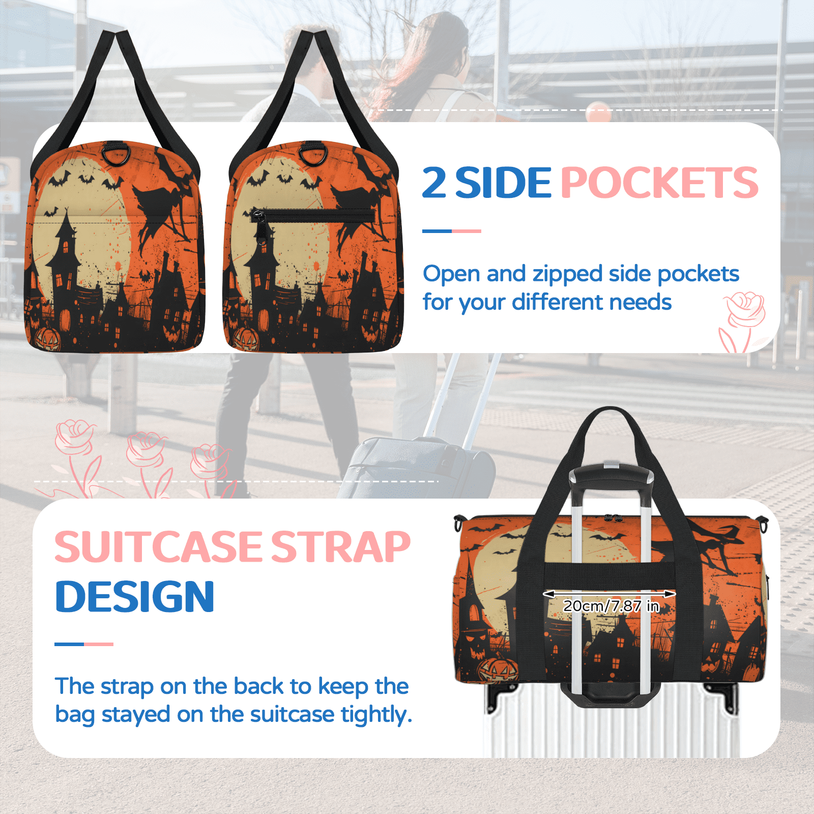 Herdesigns Halloween Themed Gym Bag for Women, Duffle Bag for Travel Sport, Lightweight Waterproof Carry on Weekender Overnight Dance Yoga Workout Bags