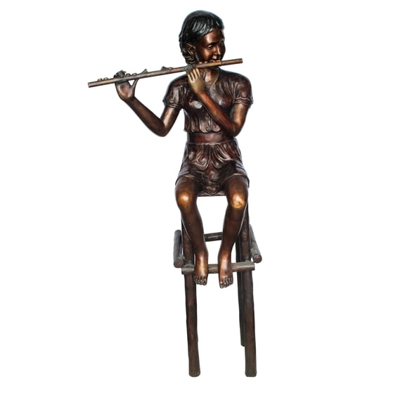 Nifao Young Girl Playing the Flute sitting on a Chair Bronze Statue – Outdoor Garden Decor Sculpture, 24"L x 16"W x 58"H