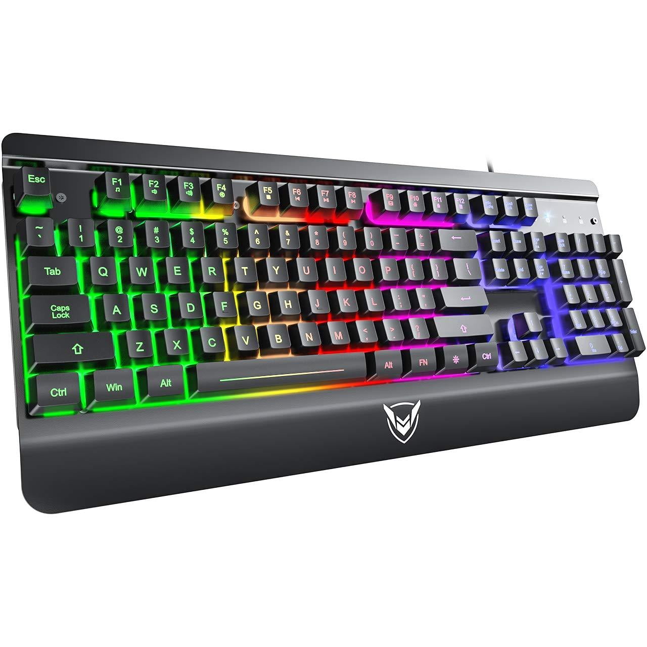 PICTEK Metal Gaming Keyboard, LED Wired Rainbow Keyboard, USB Backlit