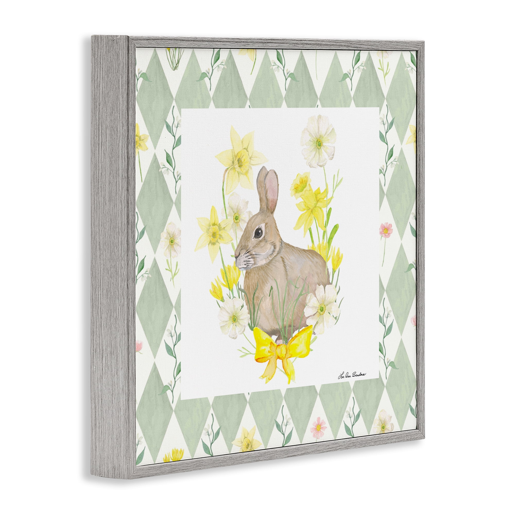Mother Bunny on Green Argyle Gray Framed Giclee Art, design by Lee Ann Sanders
